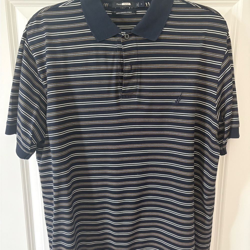 Nautica Men's Navy Striped Polo with White & Light Blue Lines